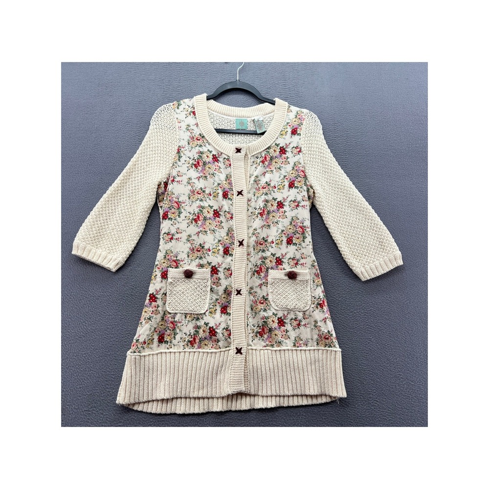 HWR Cardigan Sweater Womens M Floral Knit Cream Longline Mixed Media Cottagecore